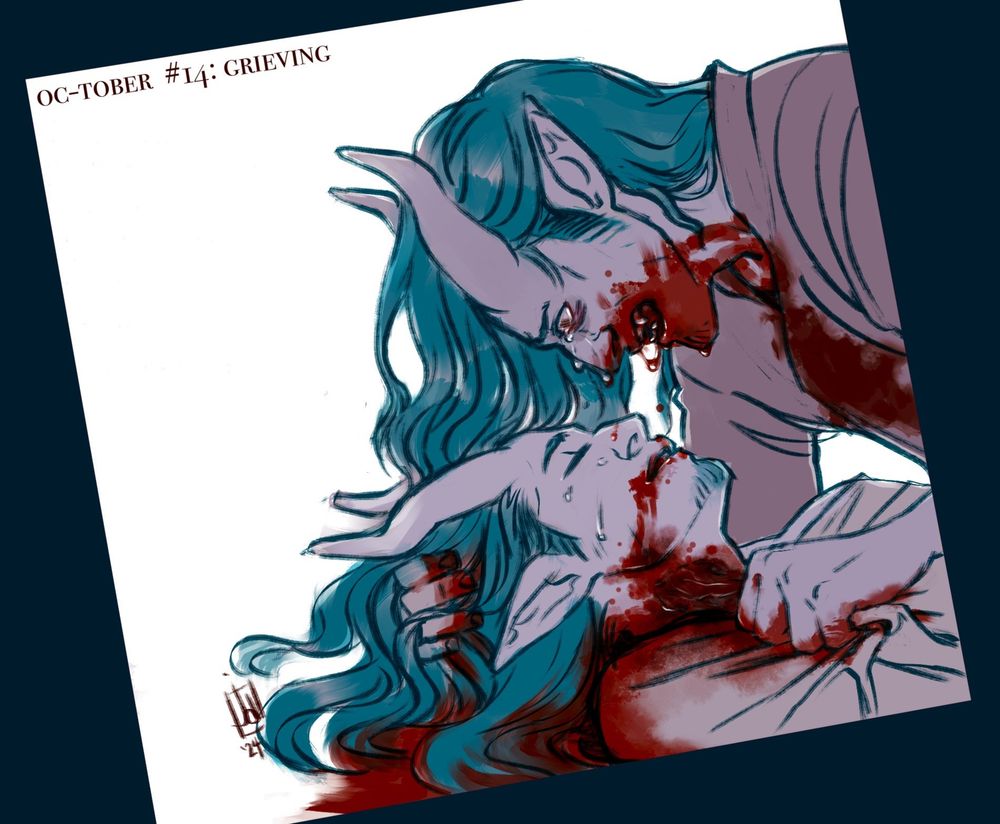 A rough drawing of my teal-haired changeling / tiefling / dhampir OC Eidolon, in close up profile, leaning over a man who looks just like him. The man has his throat torn out and has blood spilled from the corner of his mouth. Eidolon’s mouth, chin, chest and hands are covered in blood, implying that he is the one who has bitten the man’s throat. Eidolon is noticeably upset, his visible eye is wide in shock and he seems to be screaming or crying out, there are tears running down his nose and dripping onto the man’s face. Eidolon has one bloody hand in the man’s hair supporting his head, and the other gripping the fabric of the man’s shirt.
