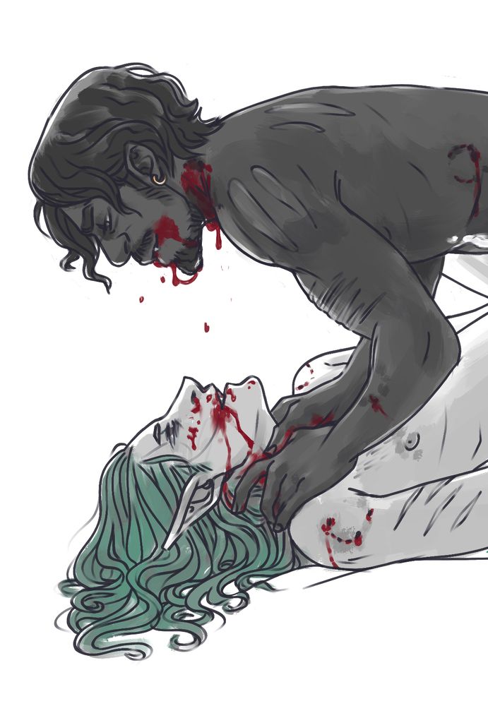 A limited palette erotic illustration of an attractive, mustachioed, Aboriginal Australian male vampire, and a skinny, pale-ass, green-haired elf engaged in some consensual naked choking. They both have bloody mouths, and both display numerous bite marks. This is a waist-up crop of a more nsfw version of the drawing.