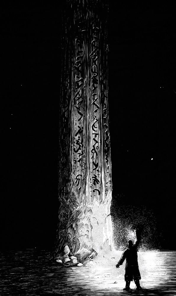 Digital ink illustration of an investigator with a lantern discovering a large obelisk covered in eldritch runes.
