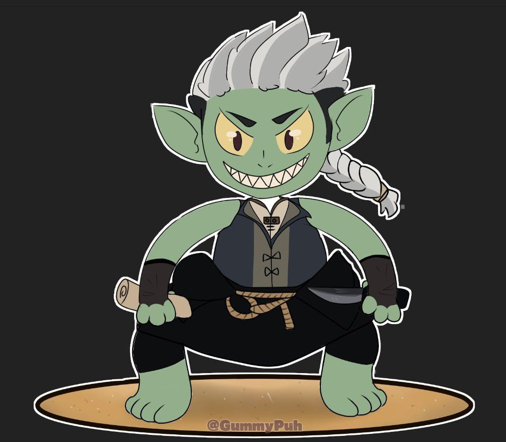Pt/BR

artfight para kentha - personagem é um goblin,verde com olhos de esclera amarelada e iris vermelha escura, cabelos espetados para cima cinza e roupa de pirata, a pose do personagem é ele com os braços segurando um mapa e as parnas esticadas com cara de quem vai aprontar

English

artfight for kentha - character is a goblin, green with eyes with yellowish sclera and dark red iris, gray spiky hair and pirate clothes, the character's pose is him with his arms holding a map and his legs stretched out looking like someone will cause trouble