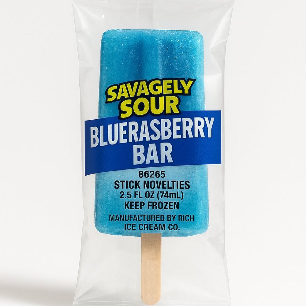 Product recall image for Rich Ice Cream Co: Savagely Sour BlueRasberry Bar (86265), stick novelties 2.5 FL. Oz (74mL)., Individually packaged in a plastic bag. Master case that consists of 4 packers with 24 units in each packer, total 96 units in a master case. Keep Frozen.