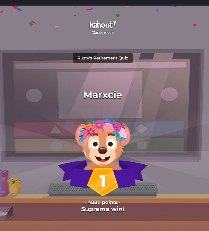 Kahoot first place Supreme win Marxcie with 4880 points