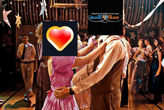 A screen capture from Napoleon Dynamite (2004) of Napoleon and Deb dancing together at the prom. Napoleon's face has been replaced with the Multithon logo, while Deb's face has been replaced with the Zeldathon logo.