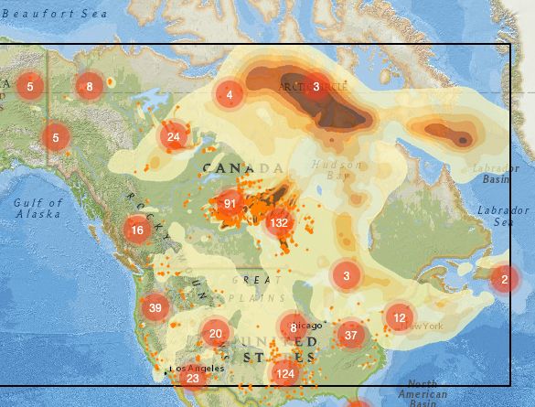 a zoomed out view of firesmoke.ca. it looks like a sizeable chunk of north america is burning