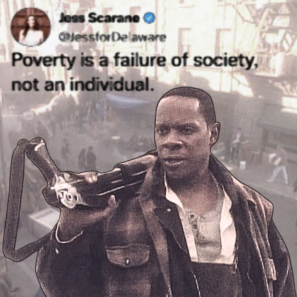 image of benjamin sisko in the star trek: deep space nine episode "past tense," holding a rifle over his shoulder. the picture is very grainy because that's how it be with ds9. the background shows the sanctuary district and is overlaid with a tweet from @jessfordelaware: "poverty is a failure of society, not an individual." 