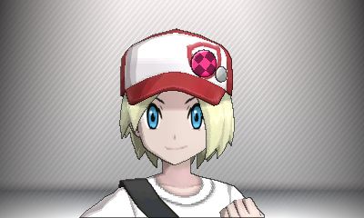 A screenshot of Pokémon X of the player dressing up with a red truckers cap with some pink pins!