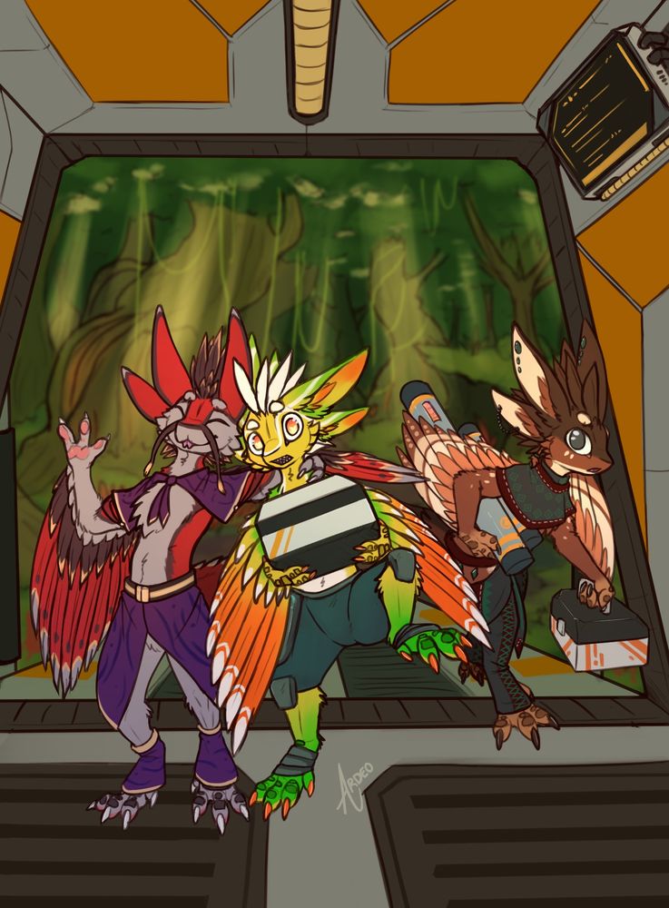 Pictured is a group of Avali boarding a space ship from an on boarding ramp, a dense jungle is featured which the Avali are returning from.
Two of the Avali - myself and Phyre - are holding specimen containers and surveying equipment.  They both look surprised while a third red colored Avali named Ramalis is smiling and waving back at the camera, as if catching the other two off guard with a candid photo to document their return from successful mission.