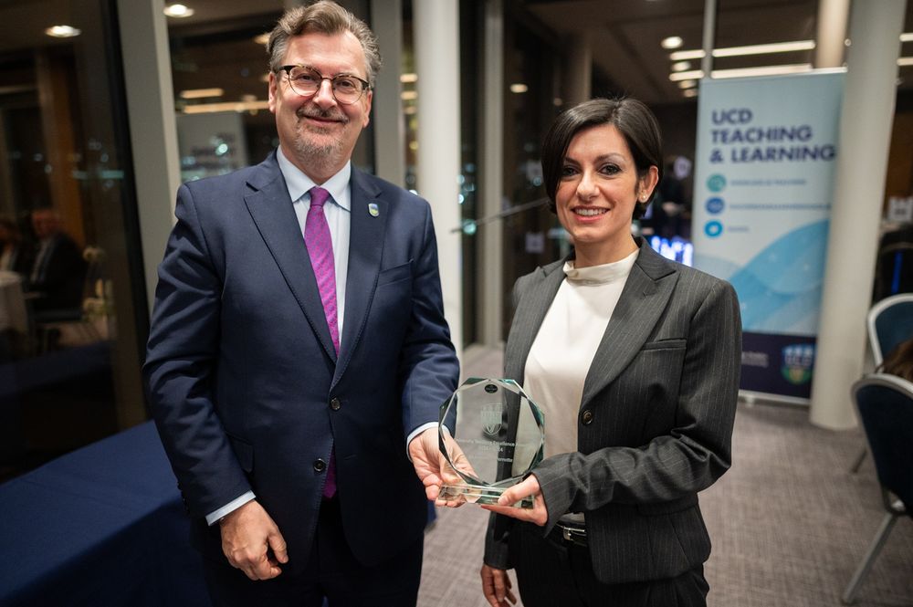 Dr Adamaria Perrotta, UCD School of Mathematics and Statistics, receiving a University Award for Teaching Excellence in the UCD University Teaching and Learning Awards 2023-24 from Professor Colin Scott, UCD Registrar, Deputy President and Vice President for Academic Affairs