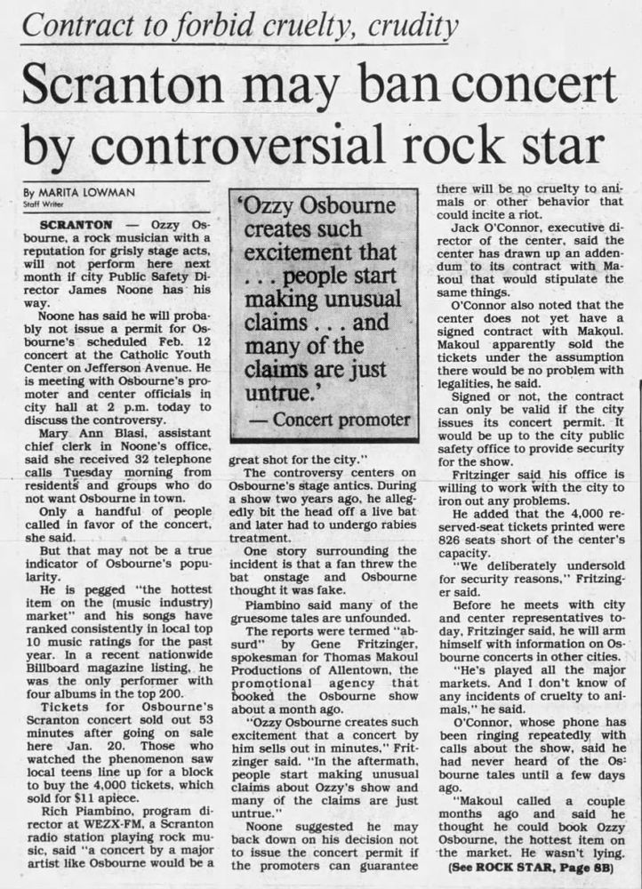 A newspaper clipping from The Times Leader in Wilkes-Barre with the headline “Scranton may ban concert by controversial rock star,” in reference to the ill-fated Ozzy Osbourne concert scheduled for February. This article ran on January 26, 1983.