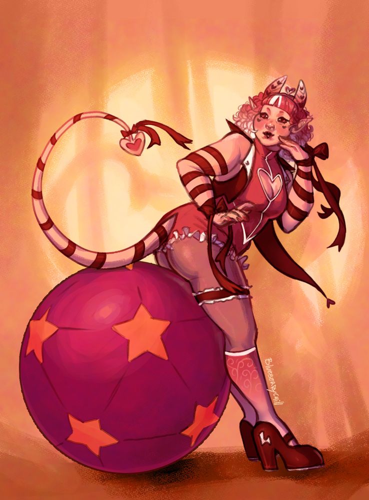A pink tiefling woman leaning back on a large circus ball, looking back over her shoulder in a pin-up like pose