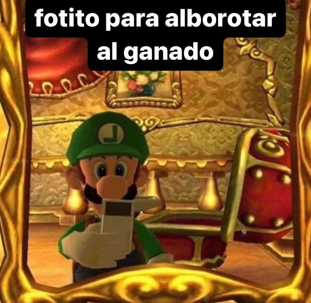 Luigi sacándose un selfie en el espejo, un letrero encima de su cabeza dice lo siguiente: "fotito para alborotar al ganado"
