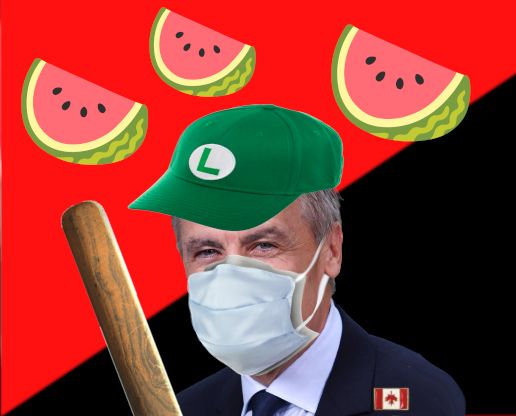 mark carney but he's wearing a mask, luigi hat, upside down canada flag pin, holding a baseball bat, in front of an anarchist flag background with watermelon emojis over his head