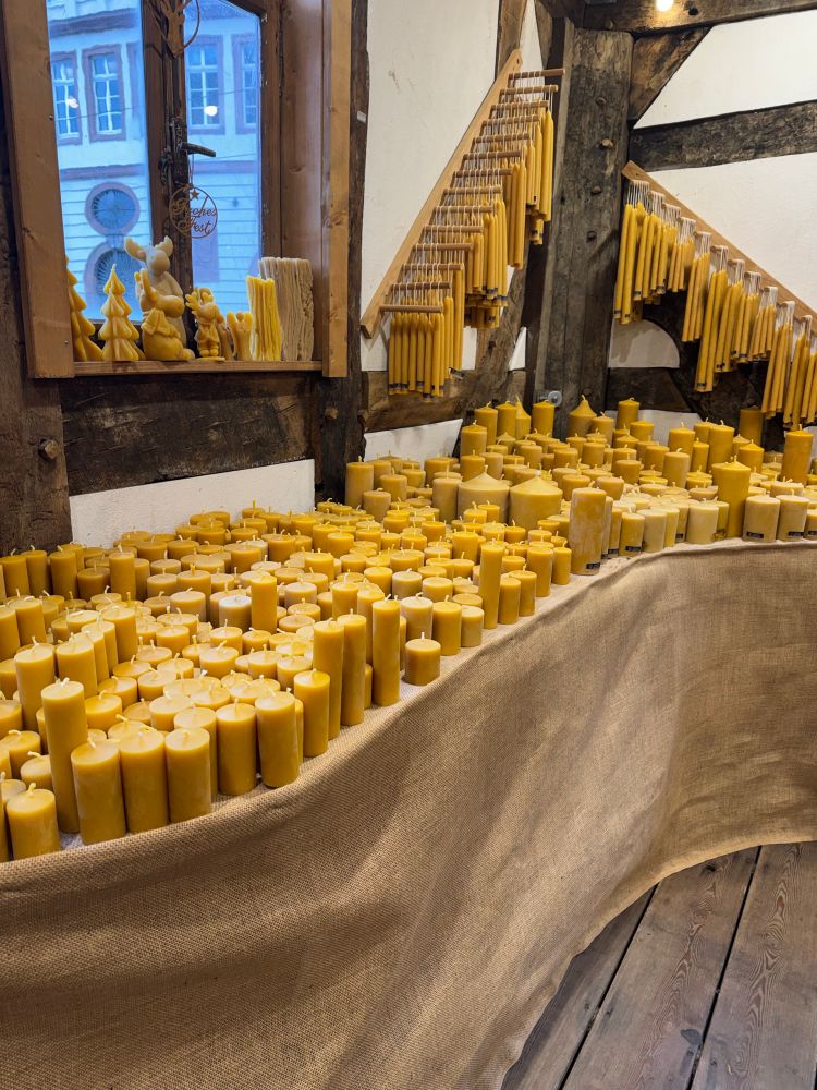 Bienenwachskerzen in verschiedenen Größen stehen auf einem Tisch vor einem Fenster 