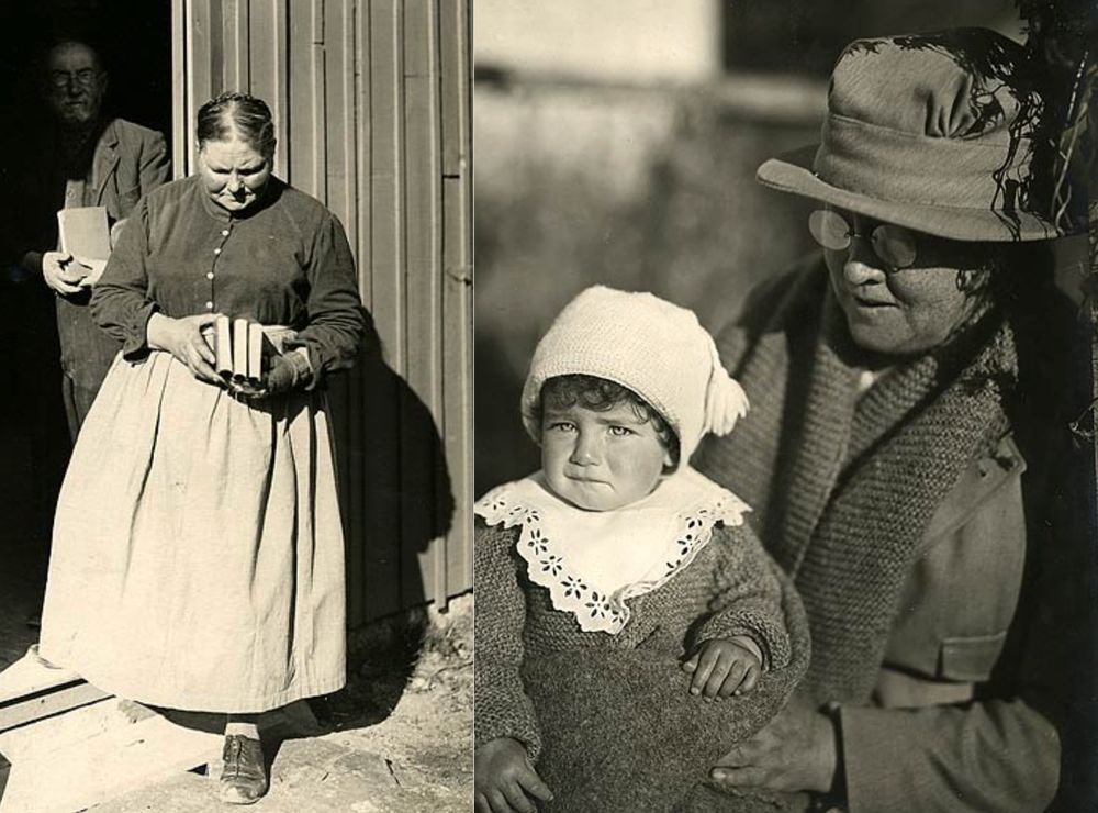 Two photos:
First, a middle-aged woman walking out of a library holding three books. She wears a dark blouse or dress with center-front buttons, covered with a light apron (no pockets). There is a sharp, horizontal line of corsetry across the middle of her bust.
Second, a different middle-aged woman in a hat, coat, and scarf, holding a young child who wears a knit cap, sweater, and white lace bib. The woman has a structured bust with some lift to it.