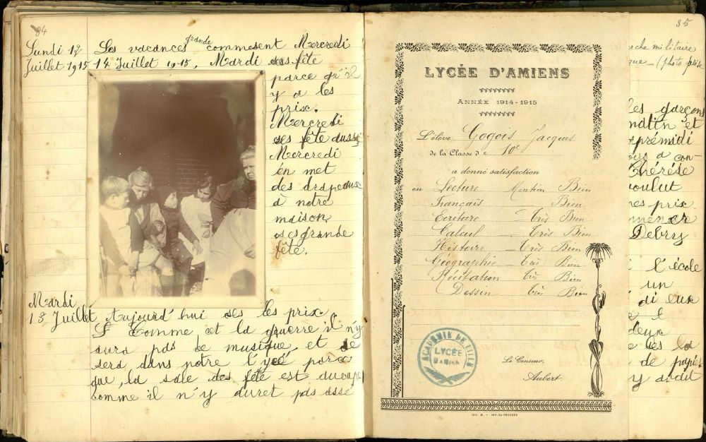 page from a child's journal in French with a photo of civilians and a report card