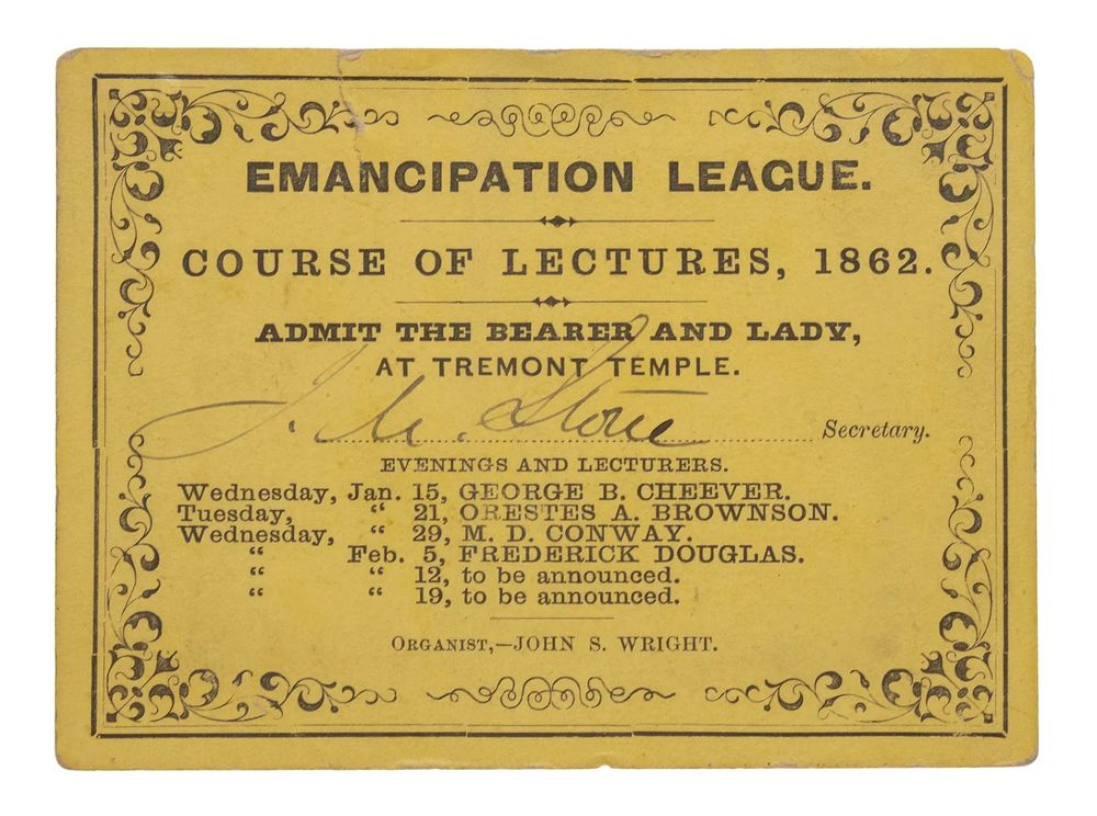 yellow printed ticket for a course of lectures by the Emancipation league in 1862, with speakers including George B. Cheever, Orestes Brownson and Frederick Douglass