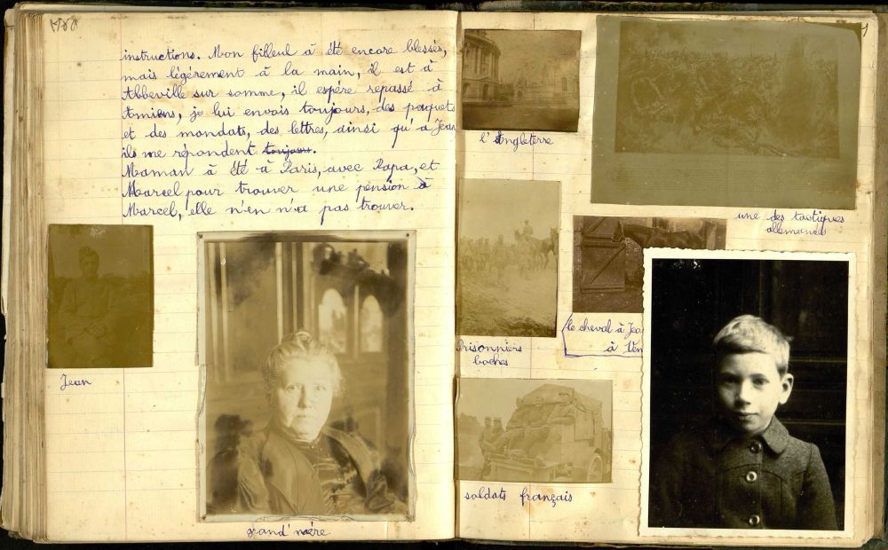 pages from a journal with a paragraph of childish handwriting in French and eight photos pasted in, all labeled with names (Jean, grand mere) or descriptions (soldats francais). One photo is a little boy, presumably Jacques 