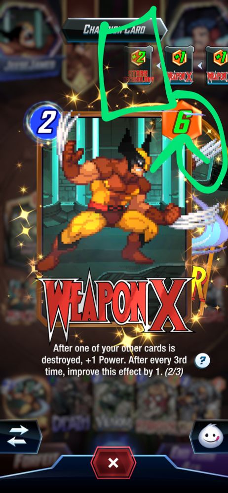 Screenshot of Marvel Snap showing Stark Industries buffed Weapon X champion in Grand Arena