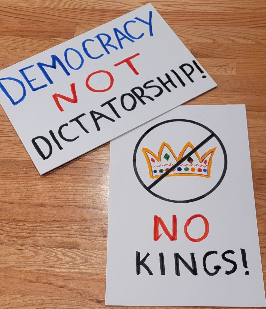Two protest signs:
DEMOCRACY NOT DICTATORSHIP!
and a sign with a crown inside a circle with a slash. Below it: NO KINGS!