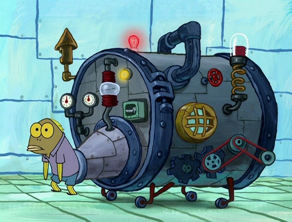 A frame from a Spongebob episode of someone stuck in a big metal machine called "the iron butt"