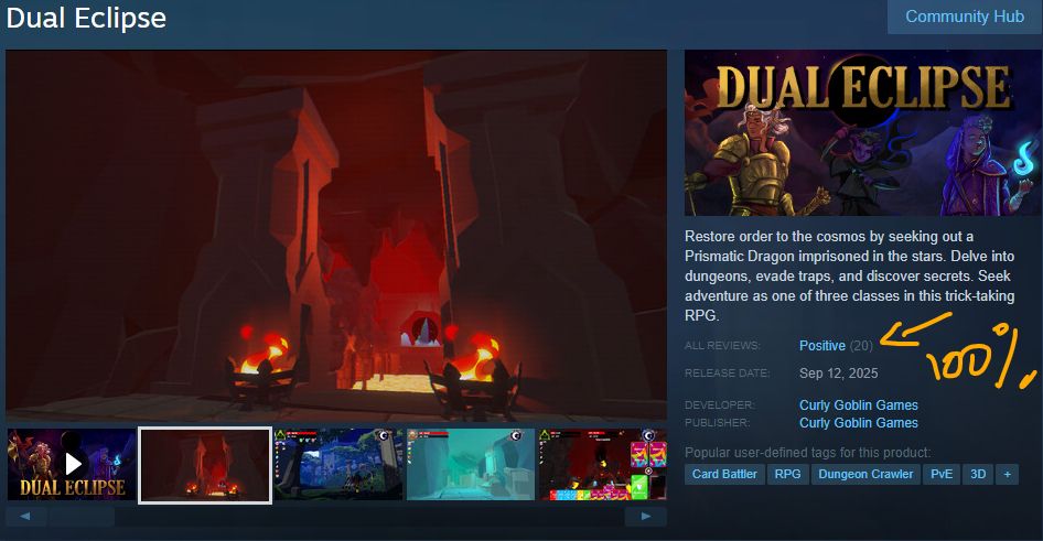 Dual Eclipse hit 20 reviews on Steam.