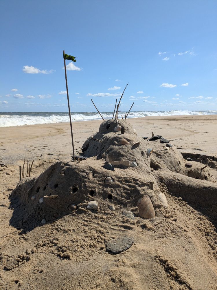 A sand castle with holes poked in for windows and some shells for decoration. A long stick has some seaweed at the top for a flag and more twigs are stuck in as fencing. The sky is blue and the sea is green and white with  white caps on the waves. 
