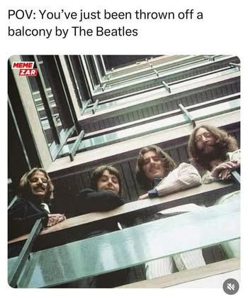 Vintage photo of 4 people looking down over a railing in what looks like a hotel lobby "POV: you've just been thrown off a balcony by The Beatles