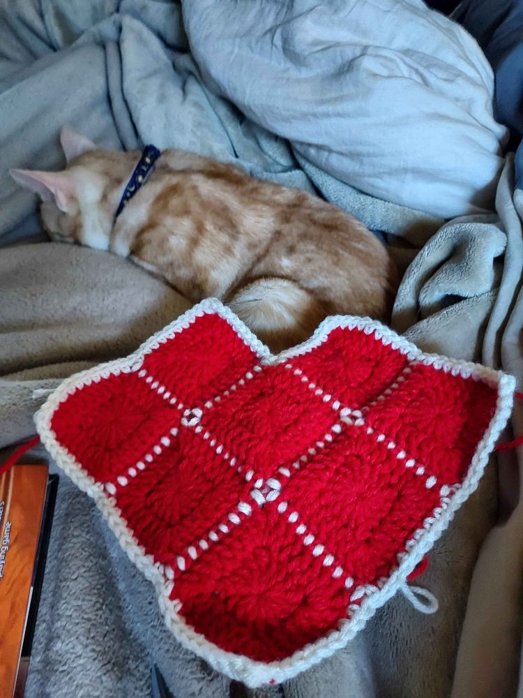 An orange cat with blue collar lays sleeping on top of some white and brown blankets, in front of him lays a red heart with white border, its been made of many crocheted granny squares, which were sewn together with white yarn