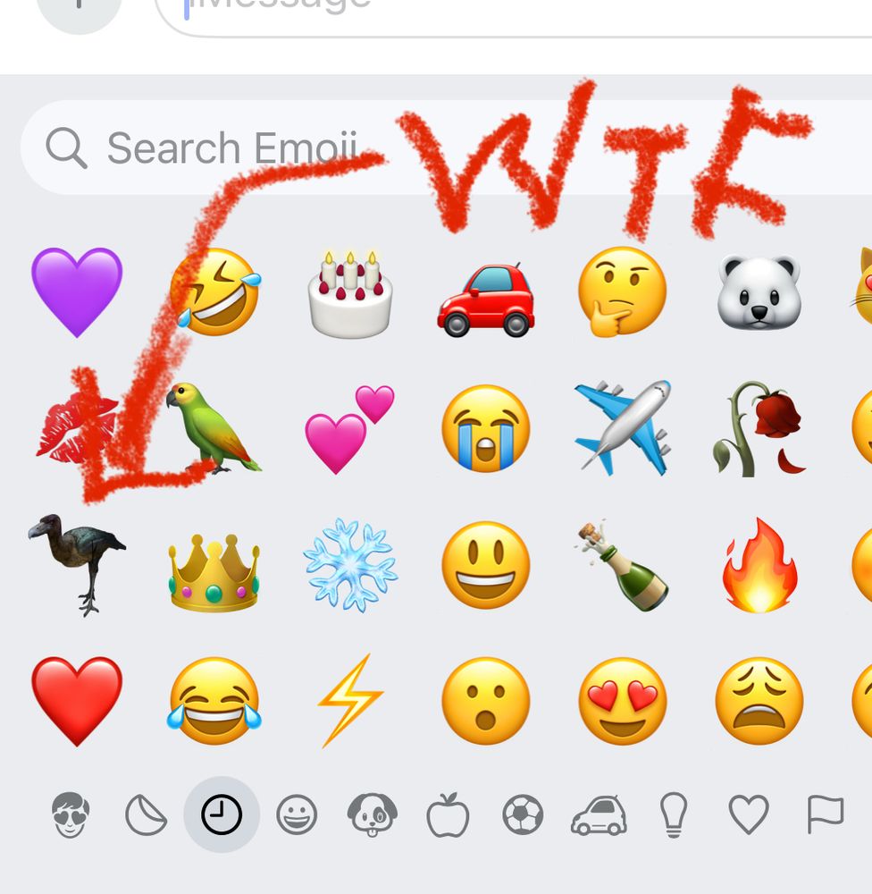 A screenshot of an emoji picklist, with a red arrow pointing at a black shoebill-like bird image, serious and maybe menacing. The arrow says WTF.
