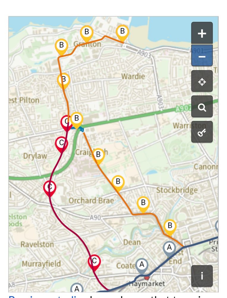 Map of Edinburgh overlaid with two options for the next phase of the tram extension - going either via roseburn or via orchard brae 