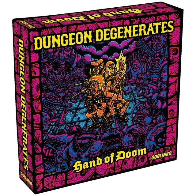 Cover art for Dungeon Degenerates: Hand of Doom. It's acid colour, pink and purple box with an orange adventuring crew surrounded by shadowed goblins. Text is all in yellow. Art style is 80s crustpunk fantasy.