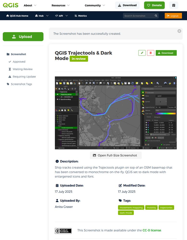 Screenshot of a QGIS screenshots uploaded to the screenshot gallery and now under review.