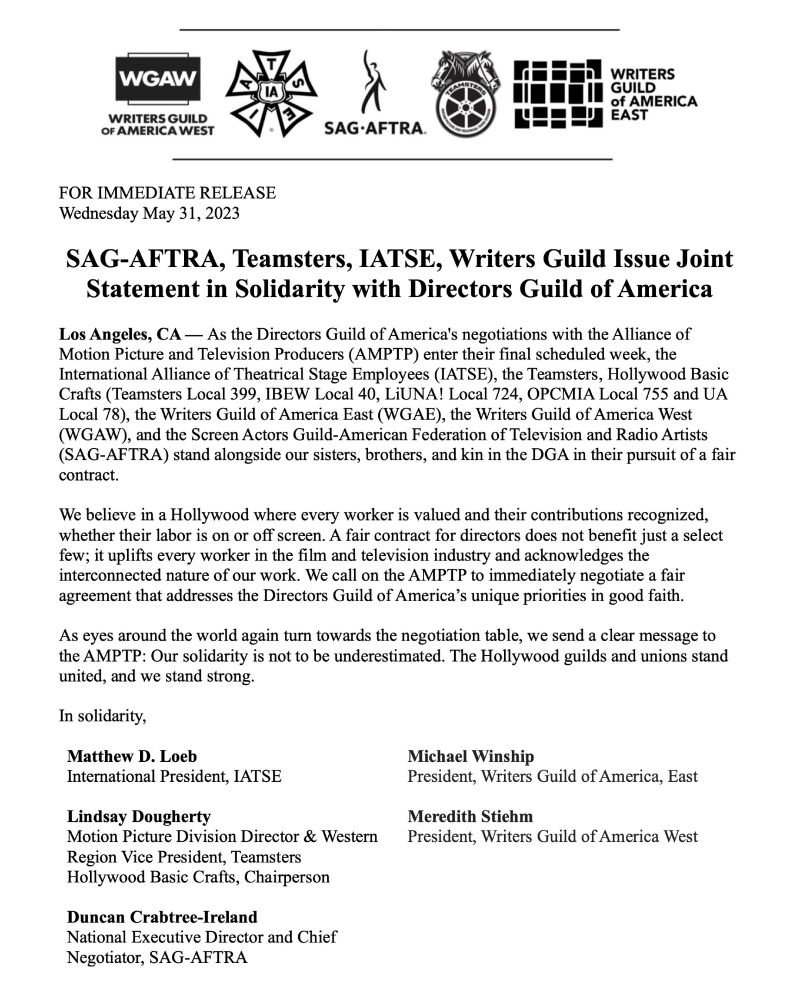statement of solidarity from IATSE, Teamsters, SAG-AFTRA, IBEW, LiUNA, OPCMIA, UA, WGAe, and WGAw in support of DGA