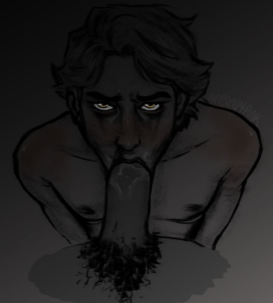 Viktor from Arcane is lookign up at the owner of the cock (jayce), brows furrowed as he takes in the thick shaft. His eyes seem to glow in the dark lighting, eye makeup smeared and nose bleeding. 