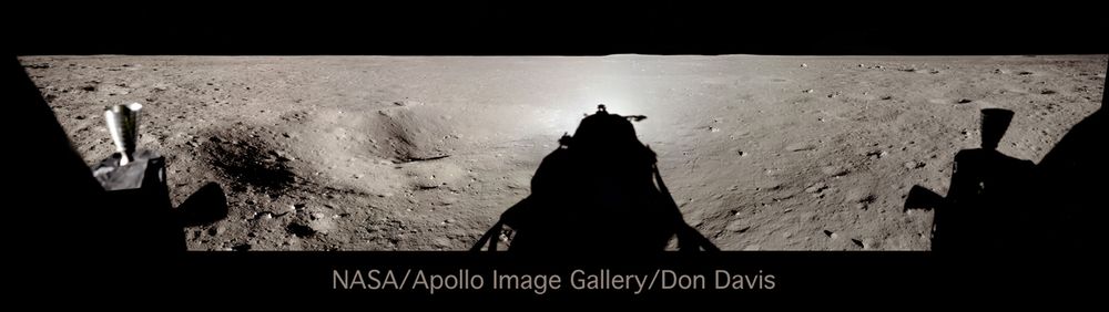  This panorama was made from photos taken through the windows of the Apollo 11 Lunar Module shortly after it landed on the Moon. At the ends of the panorama can be seen the little rocket engine clusters of the reaction control thrusters which were used to adjust the orientation of the vehicle while in flight. The cratered Lunar surface stretches into the distance, strewn with rocks. The 'anti solar' point is marked by a bright glow near where the shadows of the photographers heads would be, from the many tiny glass spheres bouncing the sunlight back in the direction it came from. Such an effect can be seen on road signs and road stripes using glass bead bearing paints, or even on a dew covered grassy field in the morning sunlight.