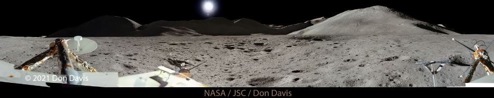 The Imbrium Basin is one of the largest of the giant impact basins whose formation highlighted the later stages of the formative era of the Solar System. Here we see some peaks of it's massive rim, mostly the shadowed sides here, made from photographs taken of the surroundings. Many of these photos had bad Sun glare in them and much processing and retouching was required to suppress the glare. In the foreground we see parts and antennas of the Lunar Module. This is roughly 210 degrees of the 360 degree panorama.