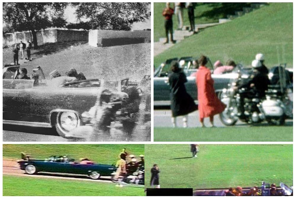 These are photos of the third and final shot that ended the life of President Kennedy on 12:30 Texas time November 22, 1963. 

 This event was captured on several still and movie cameras. 8 mm film was a common home media then, and that time was about the start of when events with many witnesses started being likely to have photo documentation. Here is photography in different media, Polaroid still and 8mm motion pictures, of the last 'head shot' that killed President Kennedy.  Upper left: Mary Ann Moorman brought her Polaroid camera and clicked the shutter just as the Presidents car passed by. Upper right: This is a frame from the 8mm movie Mary Muchmore obtained for slightly over three seconds, Mary Moorman can be seen taking her photo on the left in the black dress. Lower left: Orville Nix obtained a similar but farther view with his 8mm movie camera. Lower right: The 8mm Zapruder Film is the measuring rod by which all other photography of the assassination is referenced. No other camera obtained as clear and continuous coverage of the events.  This is frame 'Z' 315, two frames after the impact. A resulting 'puff' can be seen  above Kennedy's head. 

 The book 'Pictures Of The Pain  Photography and the assassination of President Kennedy' by Richard B. Trask is Probably the best book quantifying the visual evidence that will ever be made. One intriguing finding of the book is that there were several photographers at the scene whose images have never been seen.

 The echoes of that terrible day reverberate in the minds of those who 
remember, like the other few Big Moments that touched the hearts of those alive then. 
 November 22 was a seminal event, which along with the Vietnam policies of the Johnson Administration brought a time of contemplation and reappraisal to millions of especially younger people. Sober appraisals of where we were collectively going and what we wanted to do and be rose to the surface. And the Apollo Moon landings became part of his legacy.