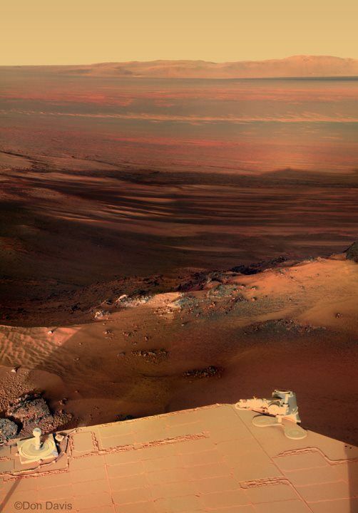 The MER rovers brought us a great variety of views of Martian scenery. This mosaic of 6 frames show the shadows lengthening across the interior of 14 mile (22 km) wide Endeavour Crater. This is the initial 'Monument Valley red' version I made, later I reconsidered what the colors should be and both versions appear at the Arizona State University of Arizona PANCAM page. This image was picked up all over the place, and appeared on the cover of the Summer Solstice 2013  issue of the Planetary Report.   