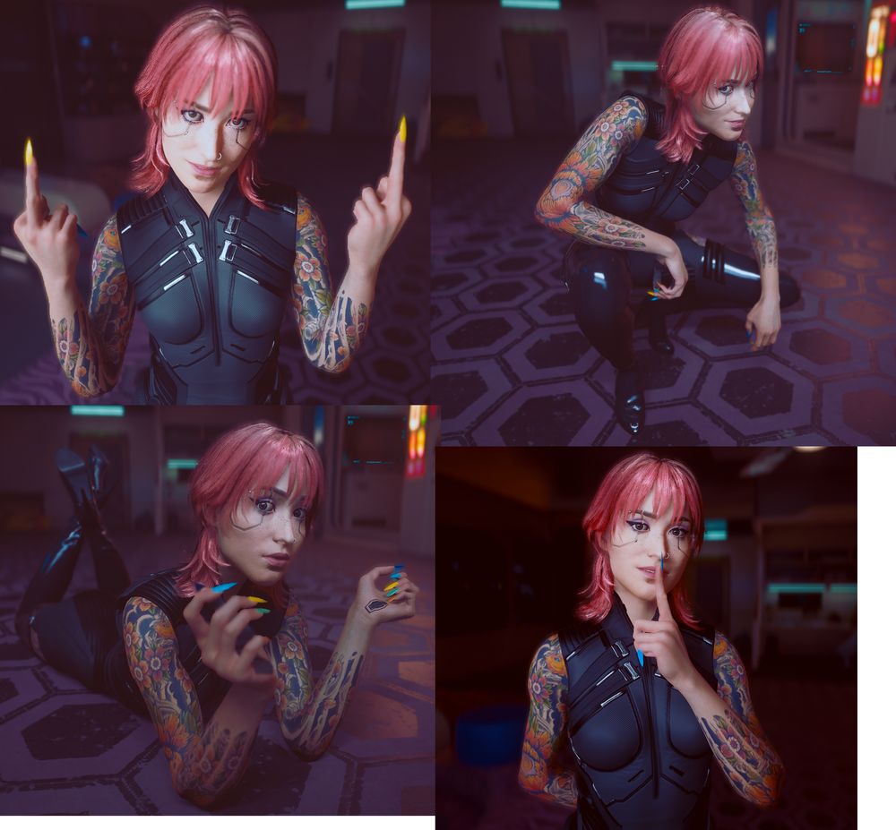screenshots from cyberpunk 2077 of a female V - they have pink shaggy shoulder length hair, a japanese style tattoo bodysuit, long stiletto nails in many colours, and a black latex suit.