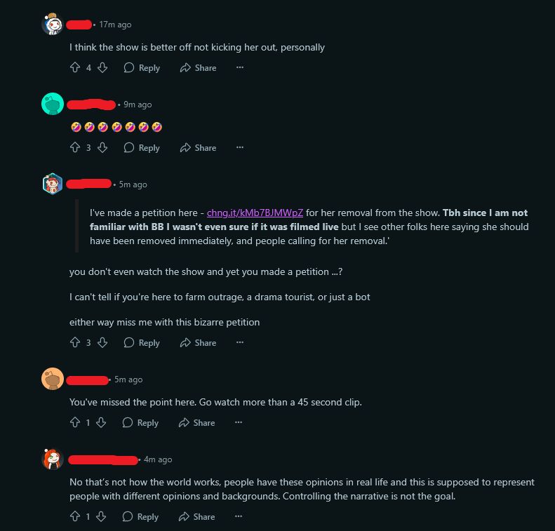 a screenshot of ppl being cringe on reddit over a petition to remove caroline monk from BB for transphobia - tbh it's not even worth reading