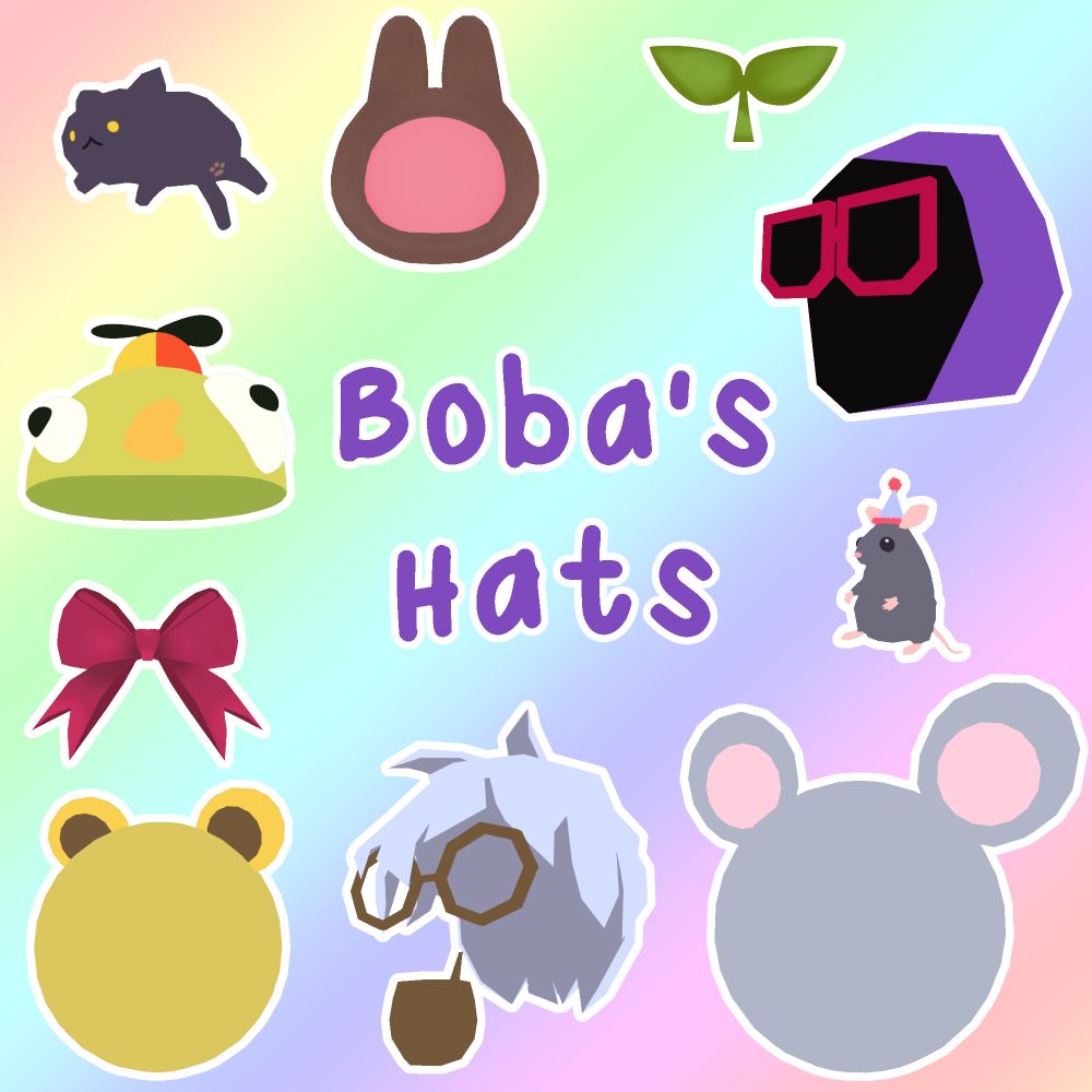 an image of the collection of 3d modeled hats that boba has made for Peak, including rat ears, bear ears, a big bow, a bing bong cap, a big fat cat, a rat with a party hat, a grim reaper hood with sunglasses, a labubu head, a sproud, and a white wig with glasses and a pipe.