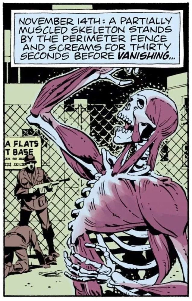 A comic panel from Watchmen, showing a partially muscled skeleton (Dr Manhattan). Text reads: “November 14th: a partially muscled skeleton stands by the perimeter fence and screams for thirty seconds before vanishing…”