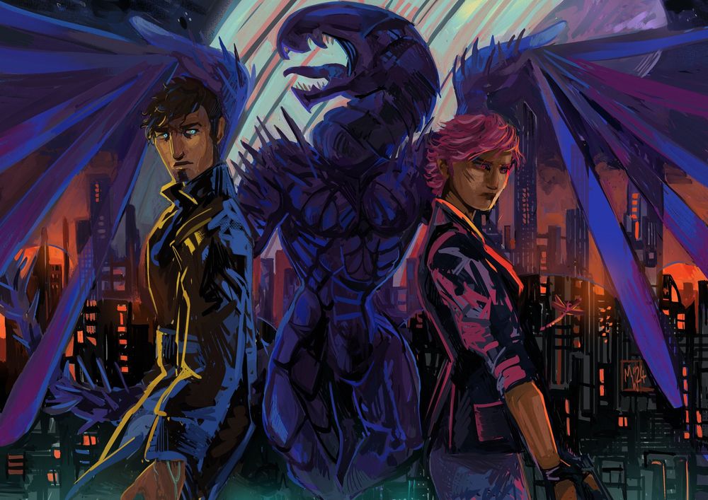 A man and a woman stand with a putple wyvern with a backsrop of a city, the plaentary rings  anf a putple moon