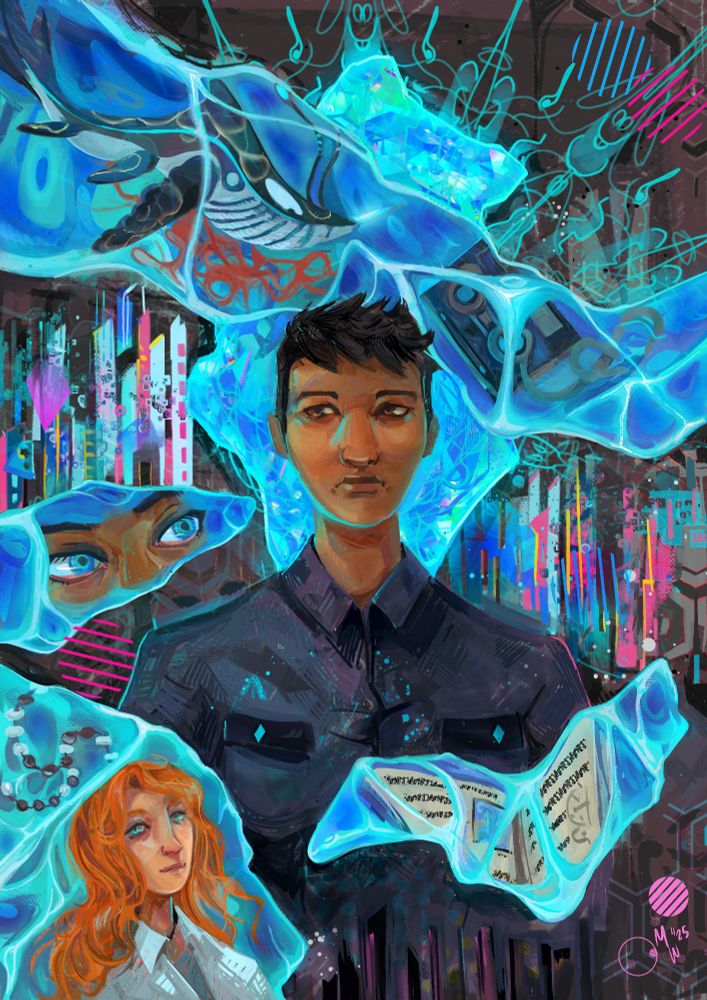 An androgynous woman surrounded by fragments of a bright blue crystal. Reflections of a red-haired woman, an orca-like creature, a casette and a notebook fill the crystal shards.
