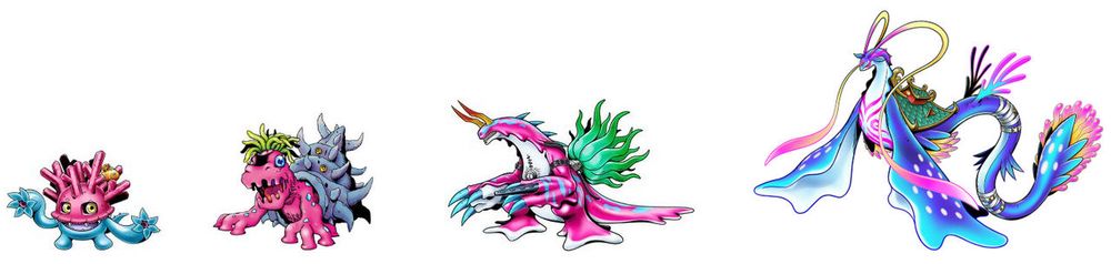 The Sangomon digivolution line: Sangomon into Shellmon into MarineBullmon into Ryugumon