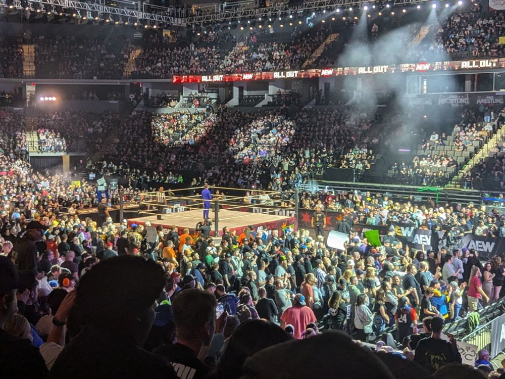 Live view at the start of AEW's All Out, from the Now Arena in Hoffman Estates (despite then saying Chicago repeatedly)