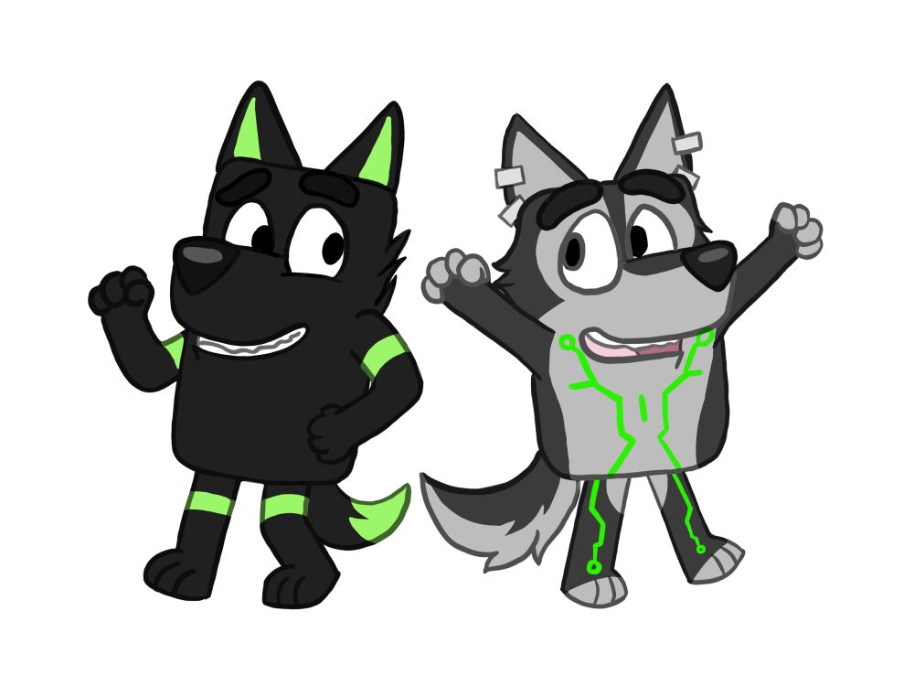 Uranium and Star drawn as bluey characters, one dancing and the other with his hands raised