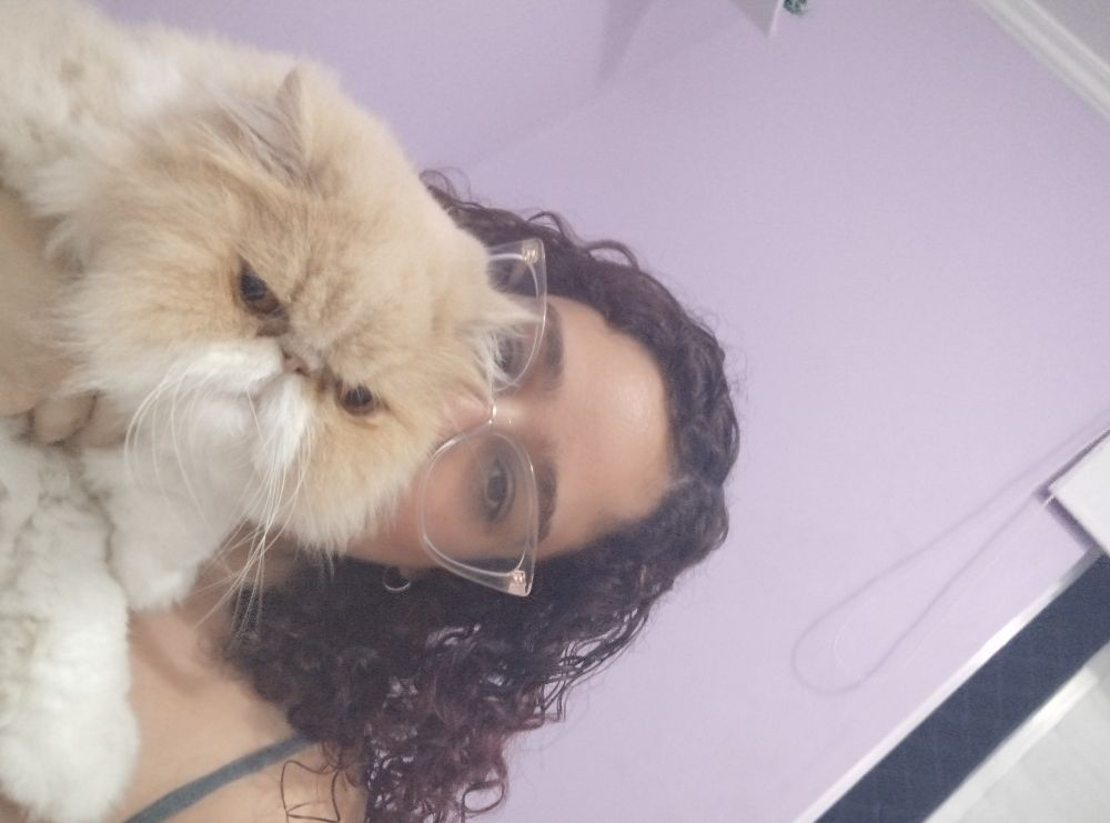 moça de cabelo cacheado e óculos beijando uma gata persa cor de creme 