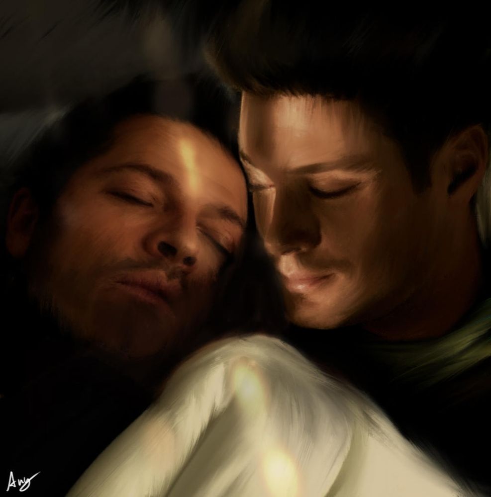 Dean and Cas cuddling under blanket | digital Painting