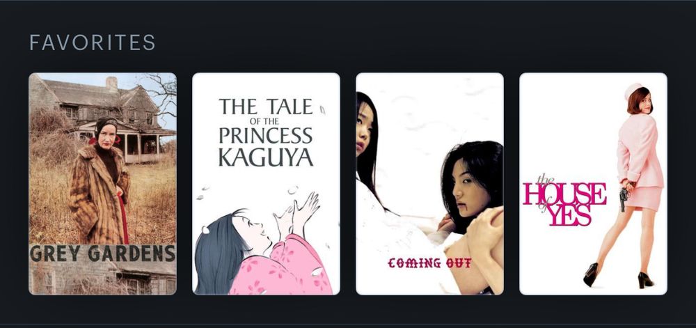 Letterboxd favorites: Grey Gardens (1975), The Tale of Princess Kaguya, Coming Out (2000), The House of Yes